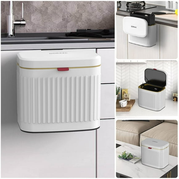 shiyou-Kitchen Hanging Trash Can with Lid, 1.05 Gallon Hanging Garbage Can for Cabinet Door in Cabinet Trash Can, Wall-Mounted Indoor Trash Bin for Cabinet, Under Sink, Bathroom (1.05 Gallon/White)