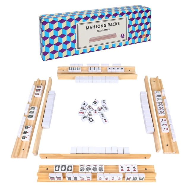 Offelec Racks de Mahjong de madera, 4 bandejas con empujadores magnéticos
