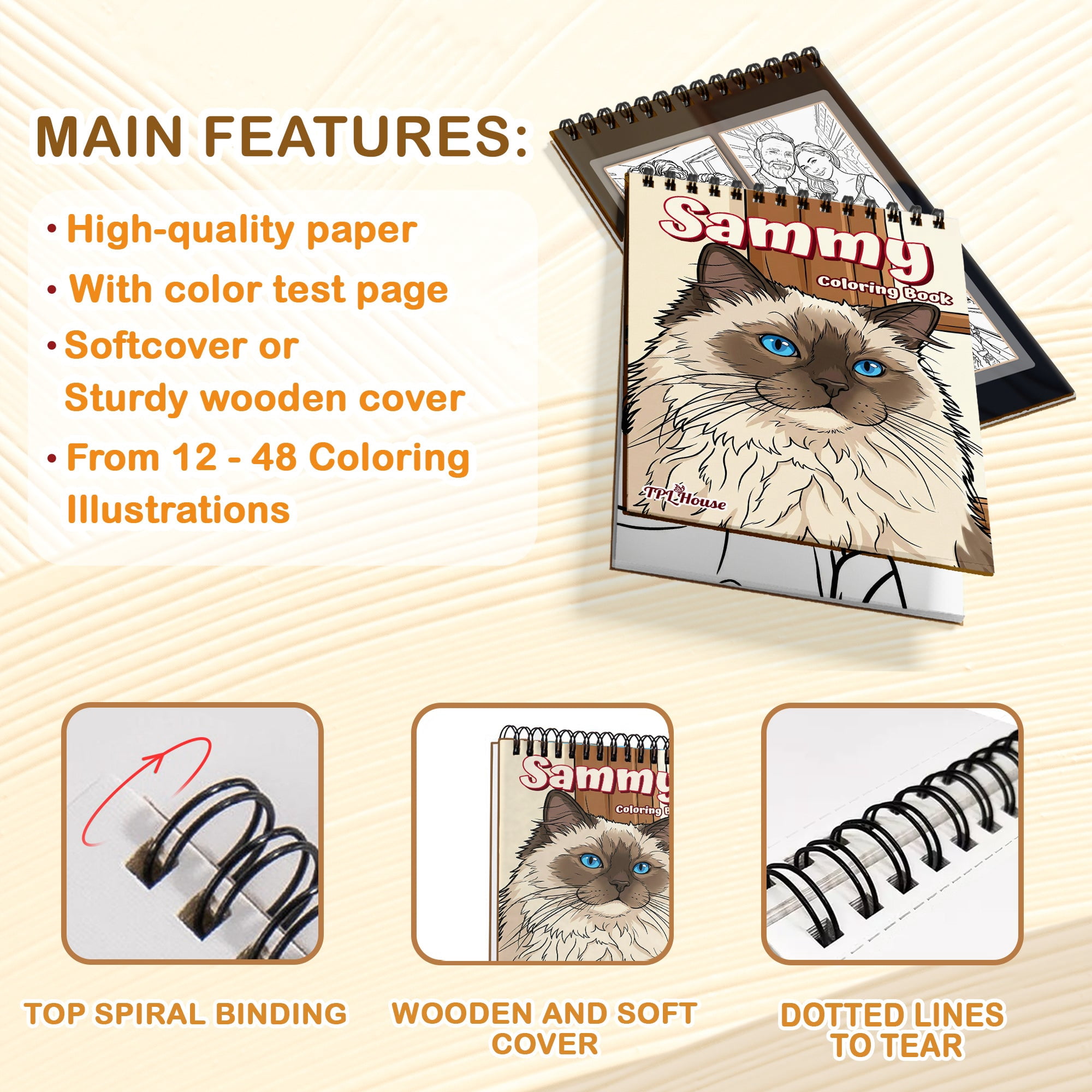 Personalized Pet Coloring Book for Adults – Custom Coloring Pages from Your Pet Photos , 12–48 Pages, Gift for Dog, Cat, and Animal Lovers, Premium Wooden Cover, Spiral Binding