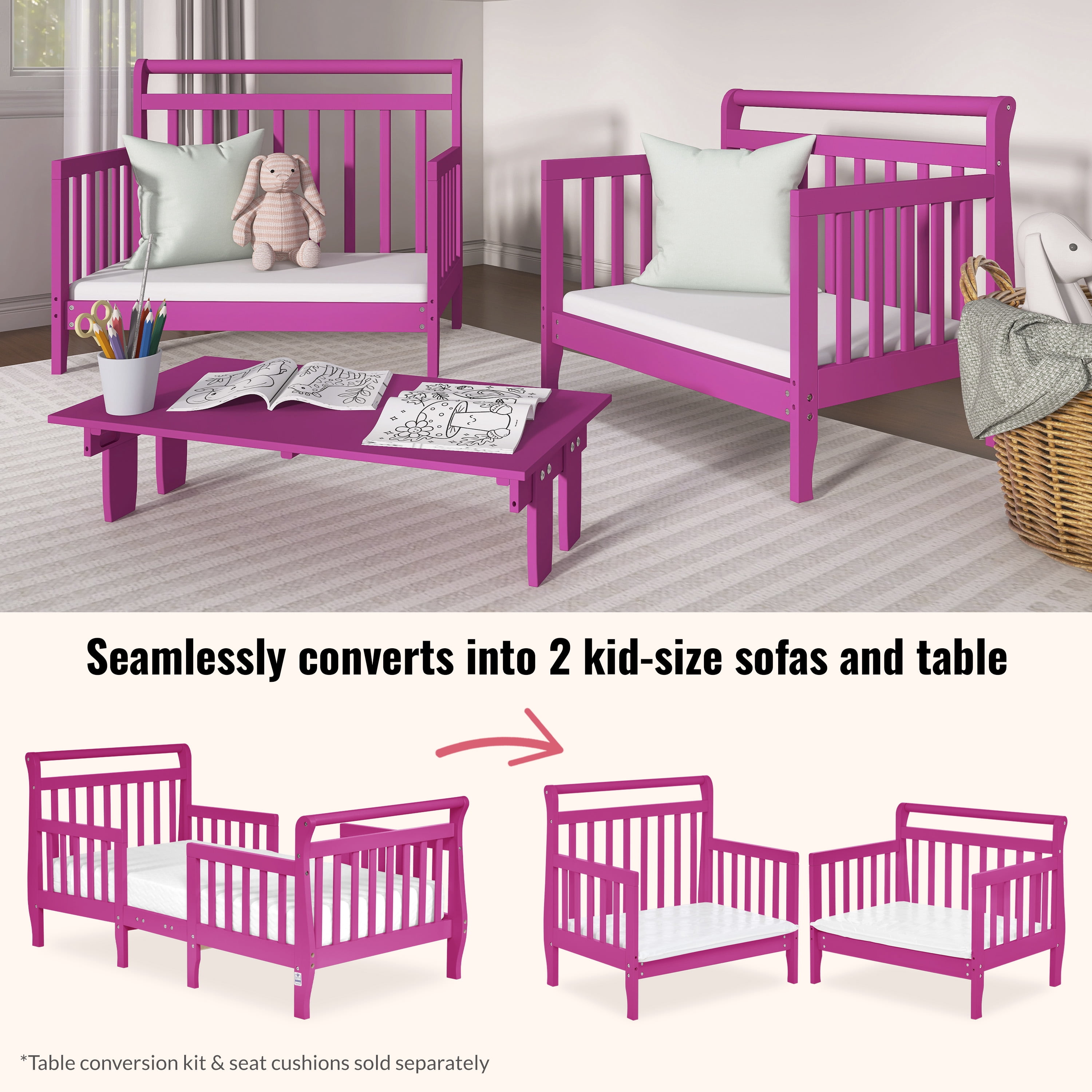 Dream On Me Emma 3-in-1 Convertible Toddler Bed, Fuchsia Pink