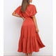thumbnail image 5 of Puntoco Vestido De Manga Corta Con Cuello En V, Vestido De Empalme De Manga Acampanada Con Cuello En V De Color Sólido De Moda Casual Para Mujer Naranja S, 5 of 6