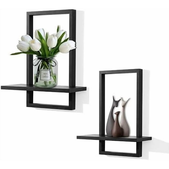 Square Floating Shelves,Wall Plants Holder,Bathroom Wall Decor,Framed Decorative Shelf Black,Modern Chic Set of 2 for Living Room Bedroom Home Office,Soild Wood,L S