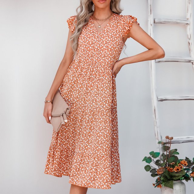 Vestido De Manga Con Volantes, Elegante Vestido Con Dobladillo Suelto Y Estampado Floral De Poliéster Para Fiestas De Vacaciones Para Ir De Compras ANGGREK JE1711
