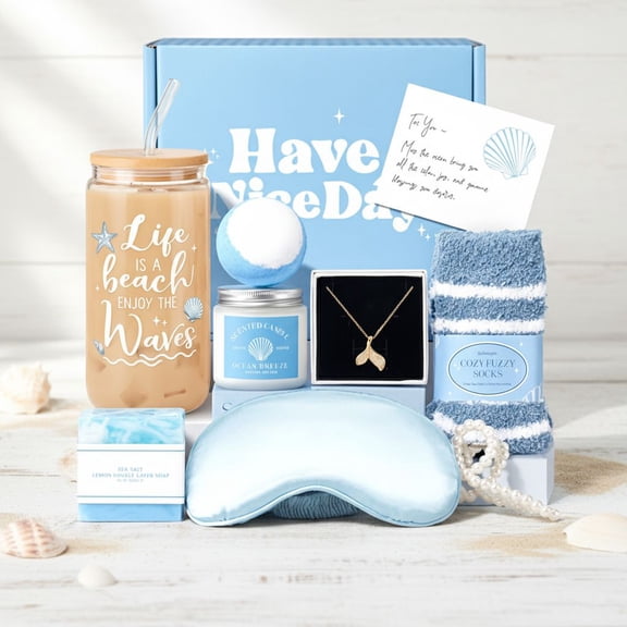 Gift Baskets for Women, 9pcs Unique Happy Birthday Gifts for Women, Best Ocean Christmas Gifts Ideas Relaxing Spa Set Blue Inspirational Get Well Box for Her Sister Friend Friendship Mom
