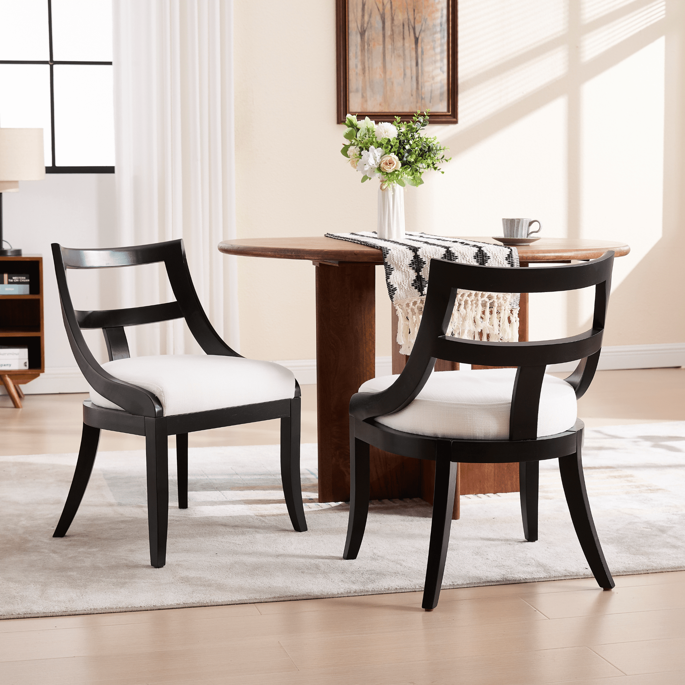 Guyou Modern Farmhouse Dining Chairs Mid Century Upholstered Dining Chair with Wooden Curved Back Kitchen Chairs for Dining Room Restaurant Cafe, Black-Linen Beige(Set of 4)