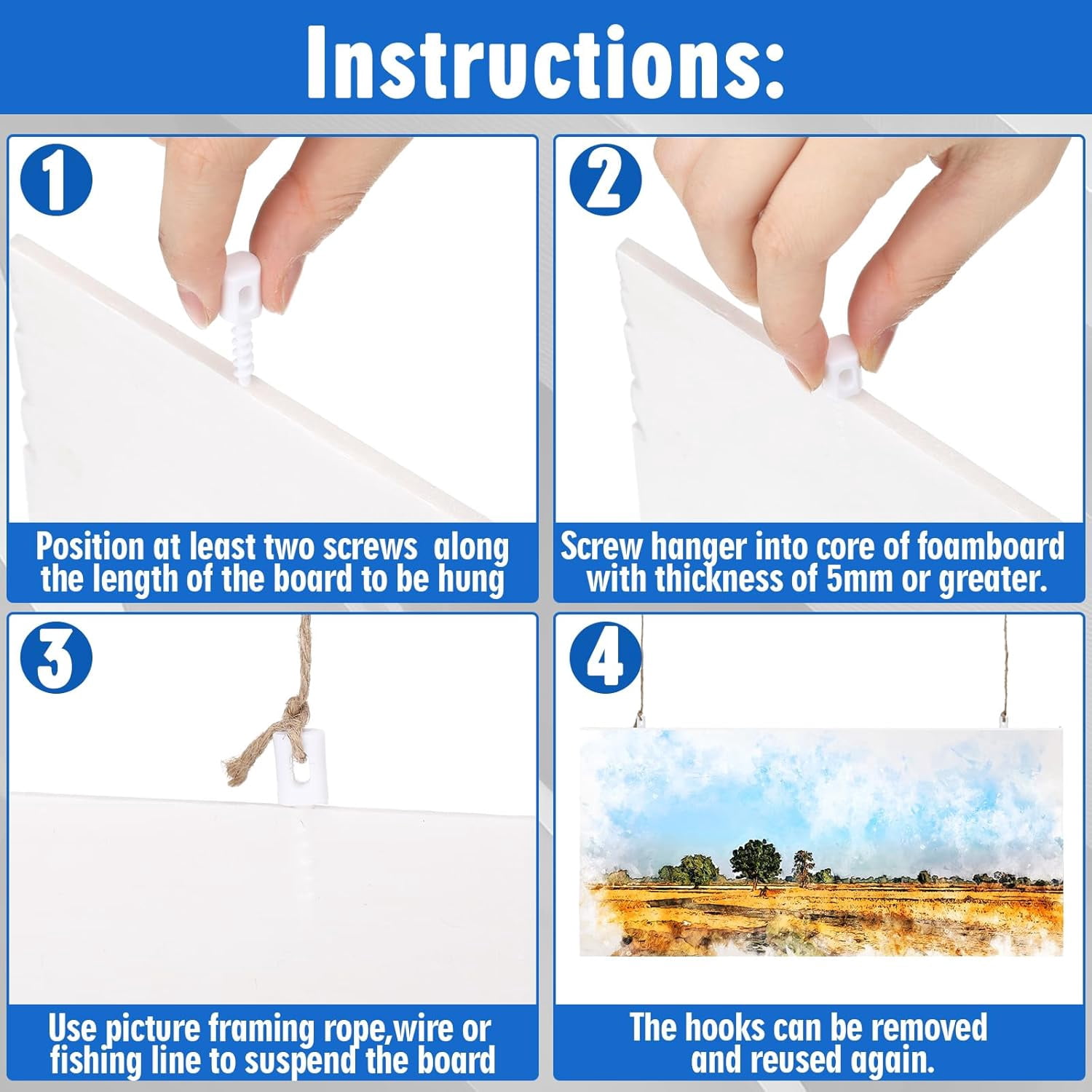 FEFEFW-24 Pack Foam Board Hangers Hanging Foamcore Wall Hangers, White, Work with Standard 3/16 Thick Foam Boards