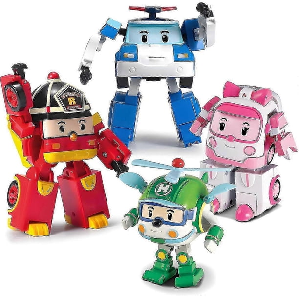 Sbsg Robocar Poli 4 Pack Poli + Amber + Roy + Helly Transforming Robot Toys, 4" Transformable Action Figure Toy, Emergency Vehicle Playset, Holiday Bi