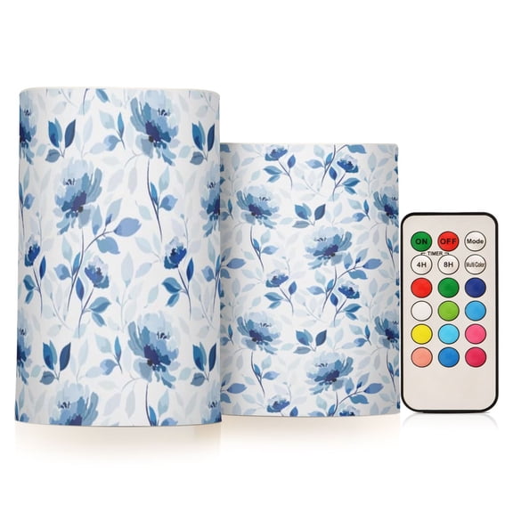 Blue Floral Flickering Flameless Candles Battery Operated with Remote Timer LED Pillar Candles Set of 2