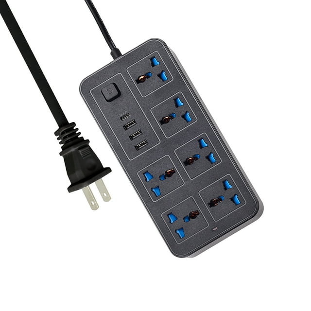 Graflsoa Black Frosted USB Power Strip with 6 AC Outlets, 3 USB Ports, 1 Type-C, 1.8m Cord, Surge Protector, On/Off Switch, Safety Features, Compact Design