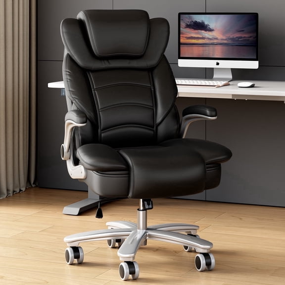 Ninecer Big and Tall Office Chair 400lb Wide Seat, Ergonomic High Back Leather Executive Desk Chair, Computer Chair with Flip-up Arms, Black