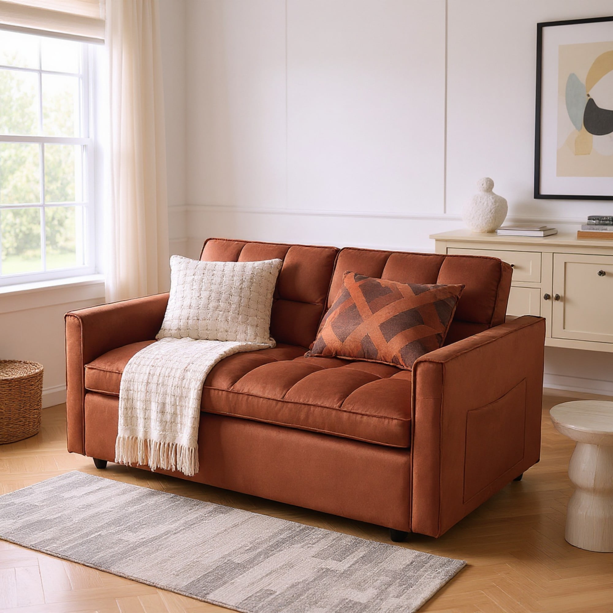 Gewnee 51.1 Inch Convertible Sofa Bed, Velvet Loveseat Sofa with Foldable Sofa Bed, Sleeper Sofa for Living Room or Office, Futon Sofa with Adjustable Backrest.Caramel Color