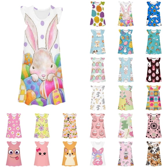 LRen Toddler Easter Dress Easter Eggs Print Ruffled Sleeve Flutter Dress Girls Easter Dress Adorable Girls Summer Dresses Easter Gifts