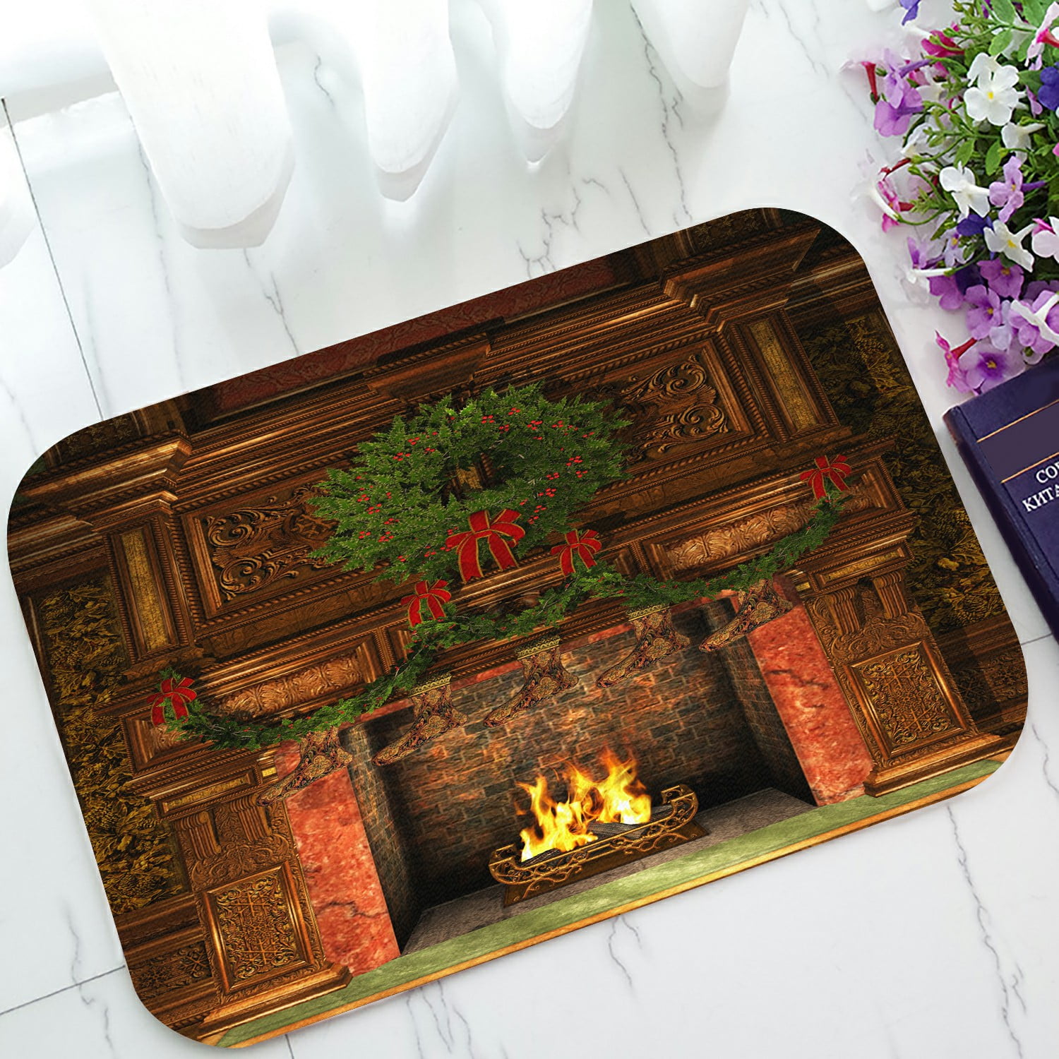 ABPHQTO Fireplace Christmas Holly Wreath Garland Stockings Doormat