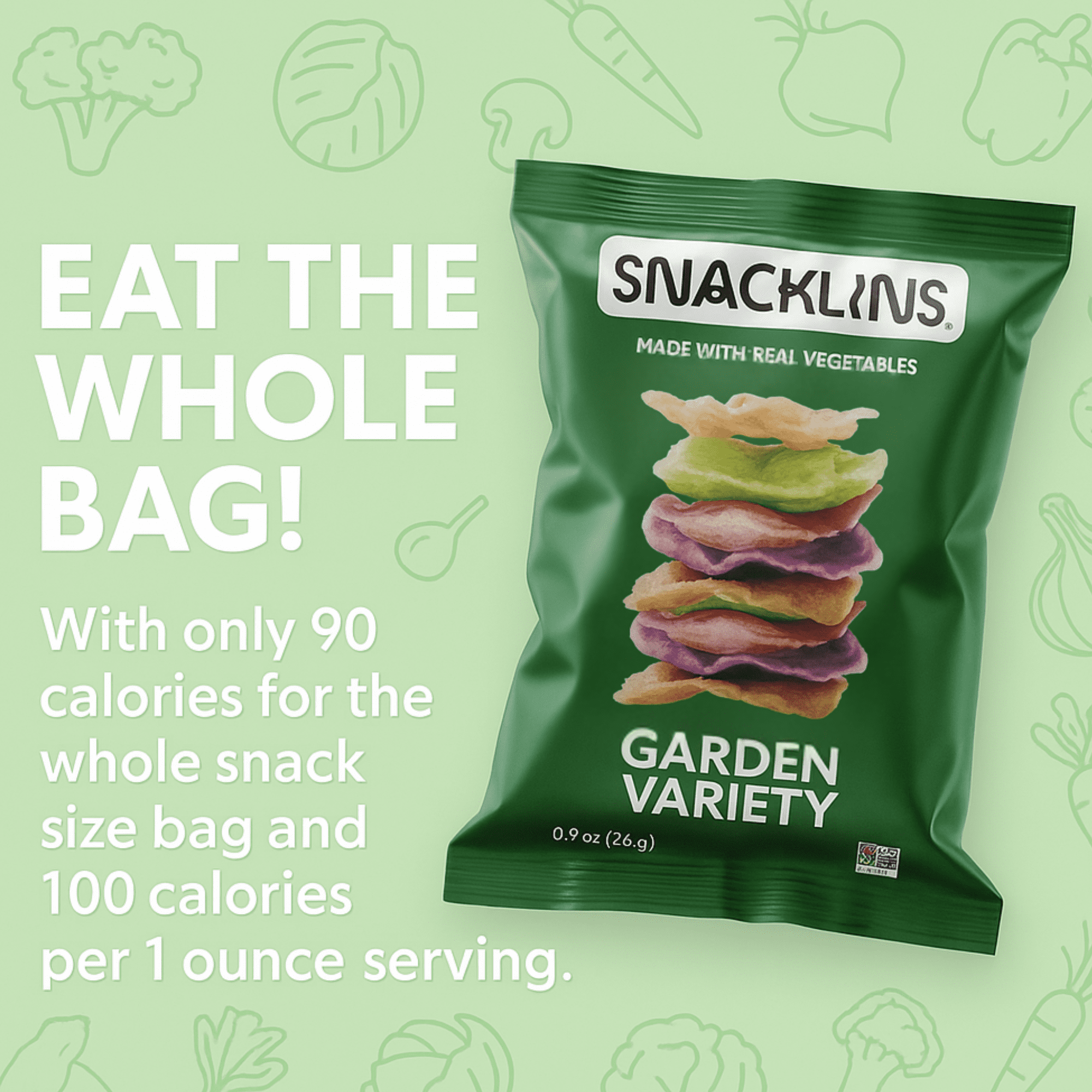 SNACKLINS Plant Based Crisps GARDEN Variety - Gluten Free, Grain Free, 100% Kosher, Vegan Healthy Snacks, Crunchy Puffed Snack, Just 90 Calories Per Bag - .9oz Bag (12 Pack)