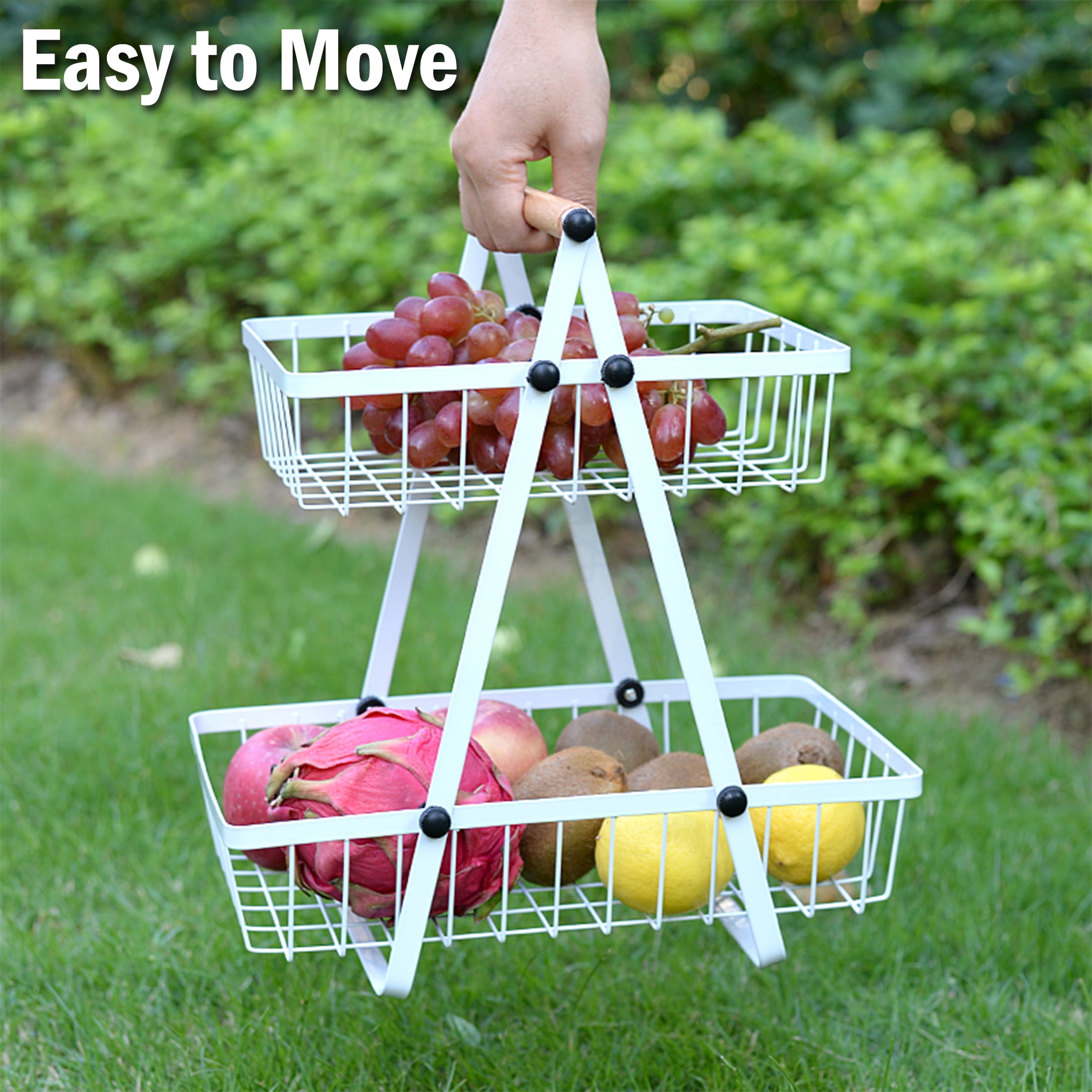 Mirdinner 2 Tier Countertop Fruit Basket Bowl for Kitchen, Detachable Metal Organizer for Bread Vegetable Fruits with Wooden Handle, Large Capacity Storage Basket for Bread Snack Veggies Produce