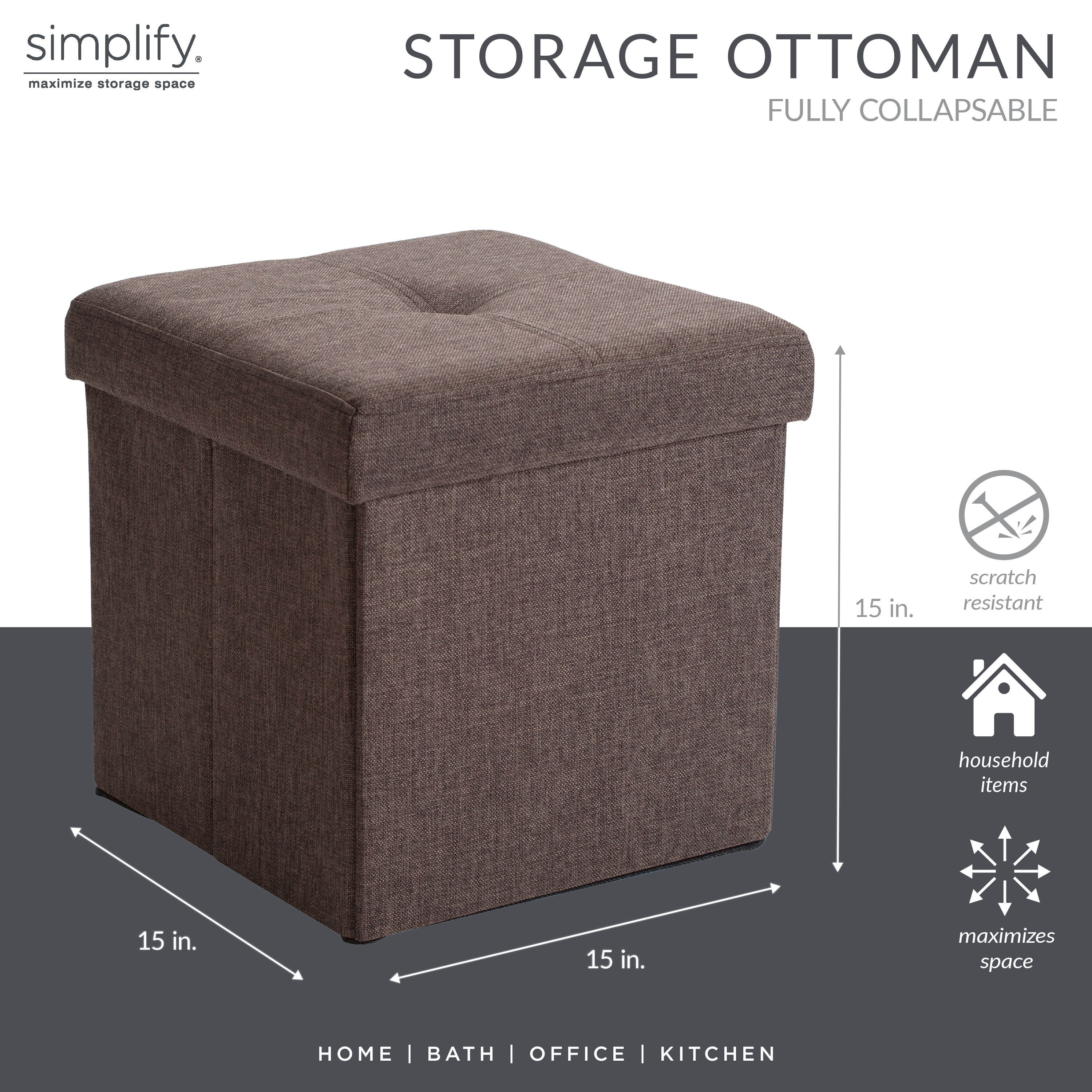 Simplify Faux Linen Folding Storage Ottoman Cube in Espresso