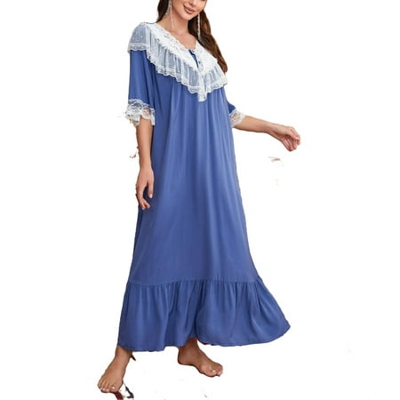 

Cute Colorblock V neck Nightgowns Elbow-Length Blue Women s Sleepshirts (Women s)