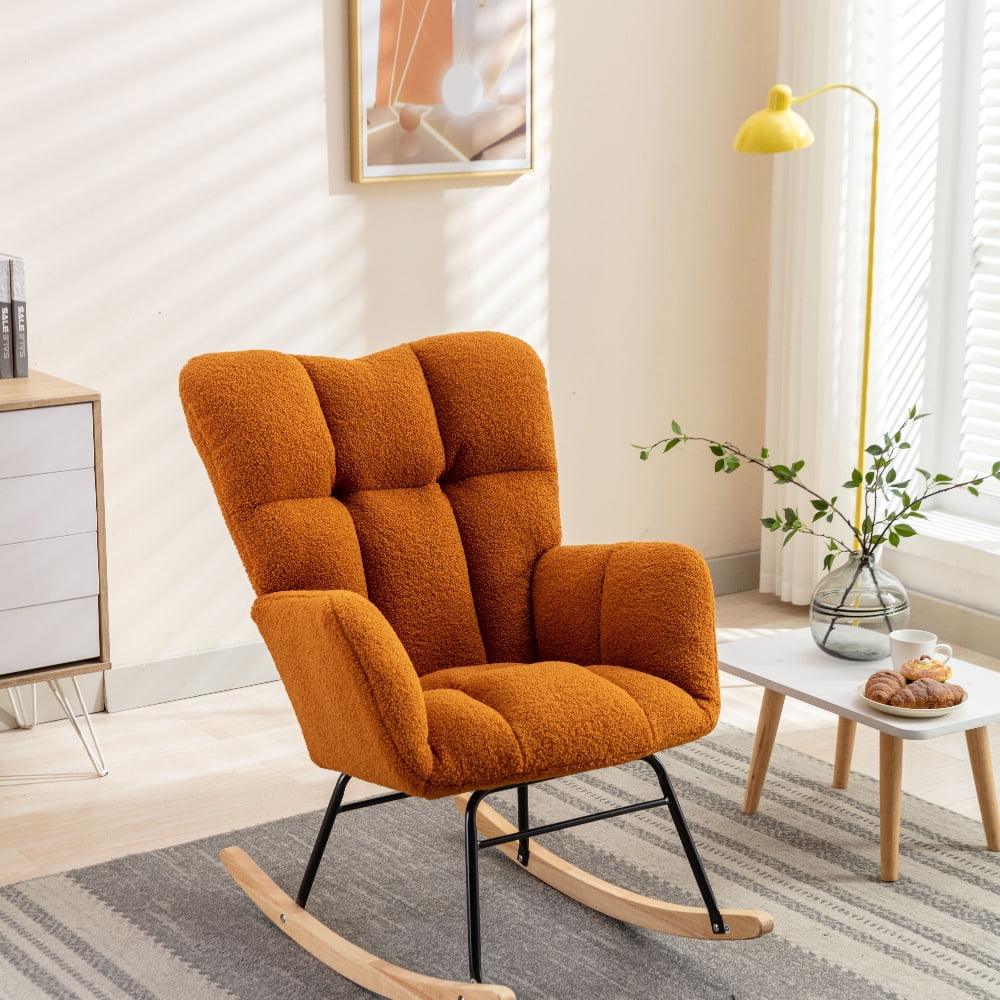Oufan Leisure Rocking Chair With Upholstered, Teddy Fabric Nursery Rocking Chair with High Backrest & Solid Wood Frame for Living Room, Bedroom