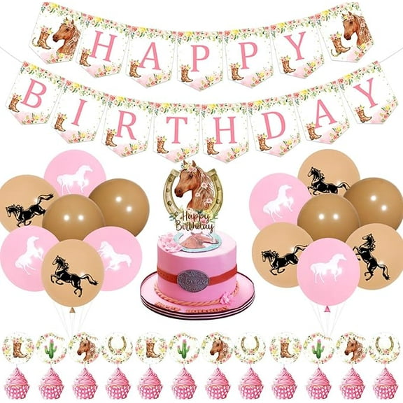 Horse Birthday Decorations for Girls - Pink Floral Horse Happy Birthday Banner Cake Topper Cupcake Picks Balloons Set for Western Cowgirl Bday Party Supplies