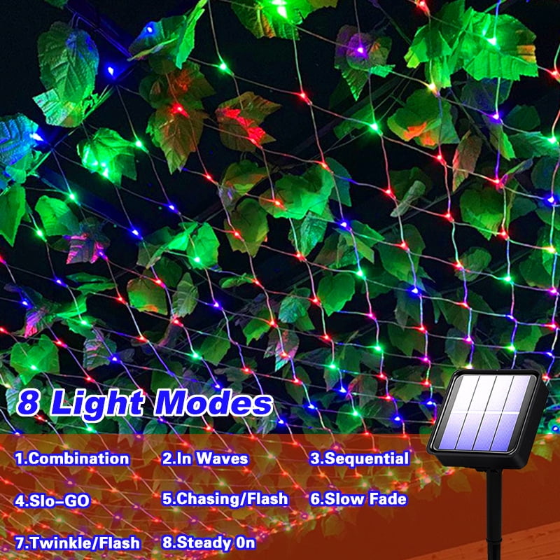 Solar Net Mesh Light 9.8ft x 6.6ft 192 LED, Waterproof Outdoor Net Light with 8 Modes for Bush, Christmas, Home, Garden Decorations(Multicolor)
