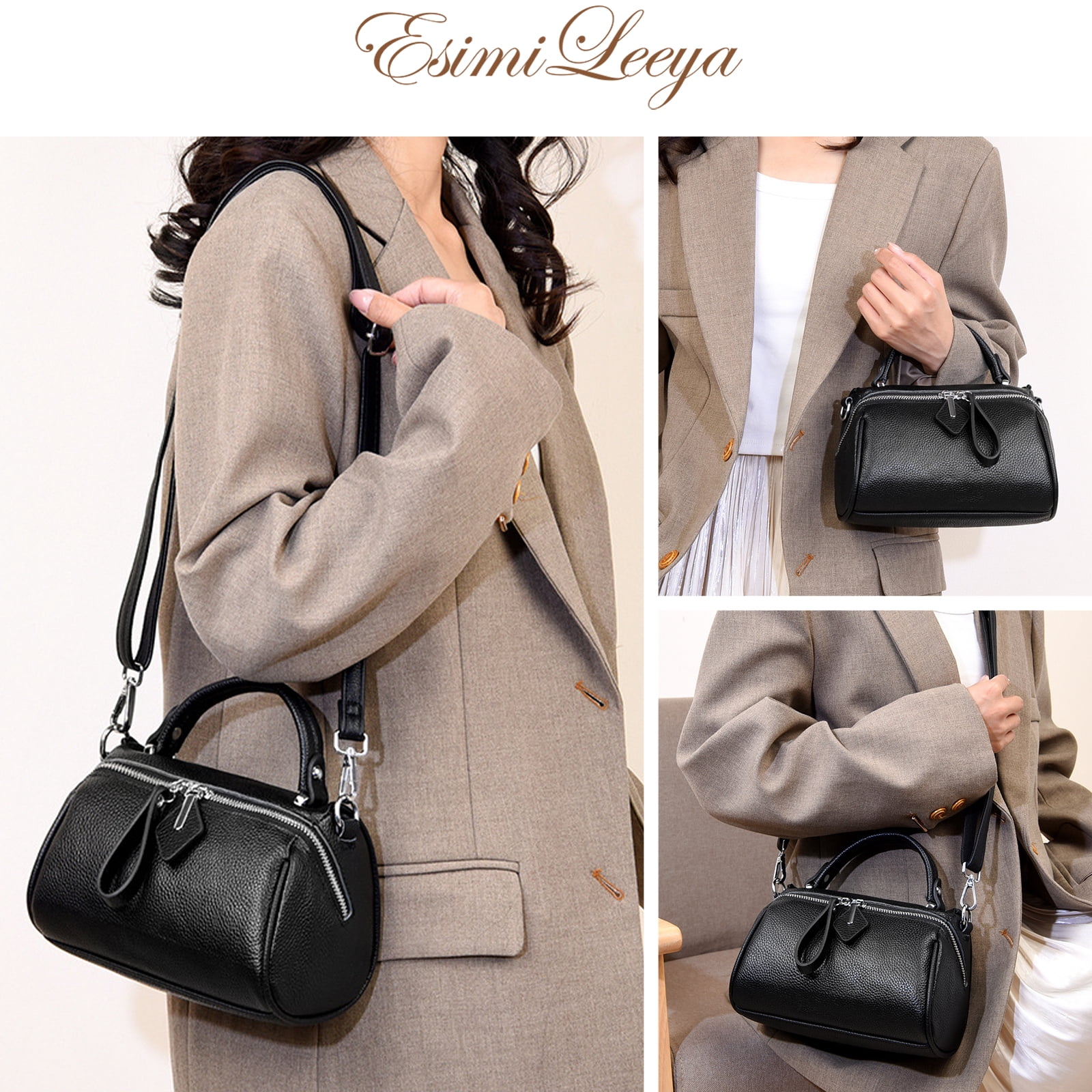 PORT&LOTUS Small Boston Bag Genuine Leather Crossbody Bag  Handbag for Women with Hand Strap and Adjustable Shoulder Strap.
