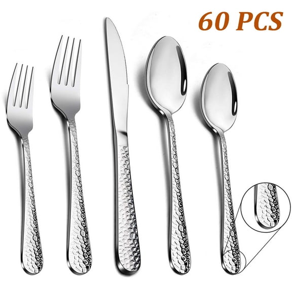 VeSteel 60 Piece Hammered Silverware Set for 12, Stainless Steel Flatware Cutlery Set, Includes Knives/Forks/Spoons, Dishwasher Safe