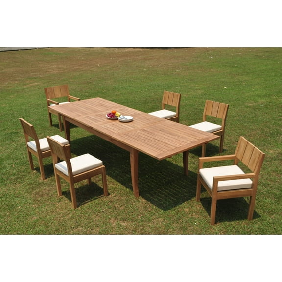 Grade-A Teak Dining Set: 6 Seater 7 Pc: 122" Atnas Double Extension Rectangle Table And 6 Veranda Chairs (2 Arm & 4 Armless Chairs) WholesaleTeak #WMVR16