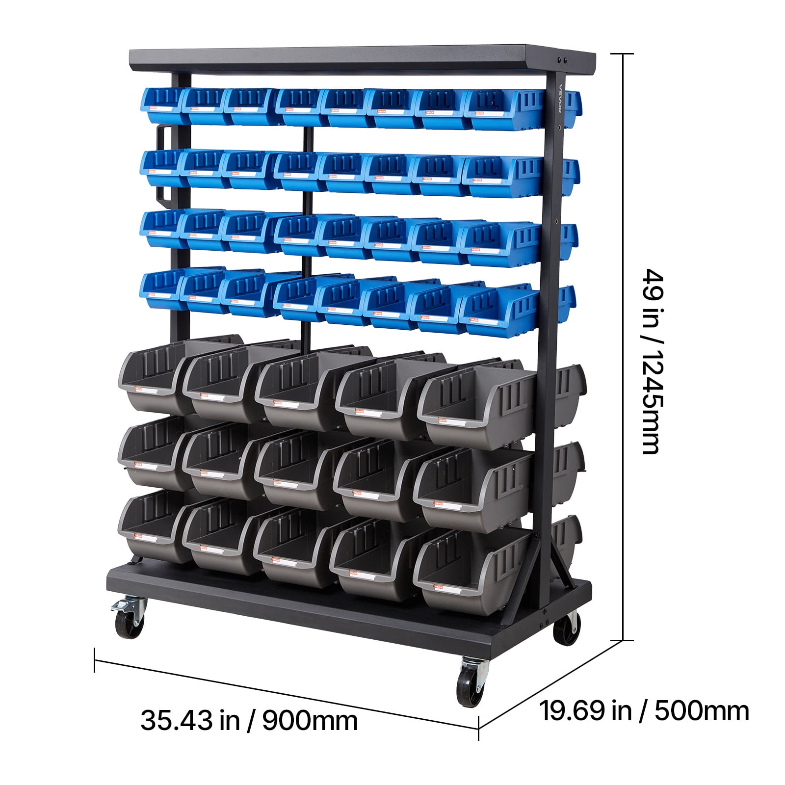 VEVOR 7-Tier Double-Sided Rolling Bin Storage Rack, 94 Plastic Bins, Dual-Sided Parts Organizer with Wheels, Mobile Tool Organizer for Garage, Warehouse, Office, Restaurant, Classroom, Kitchen