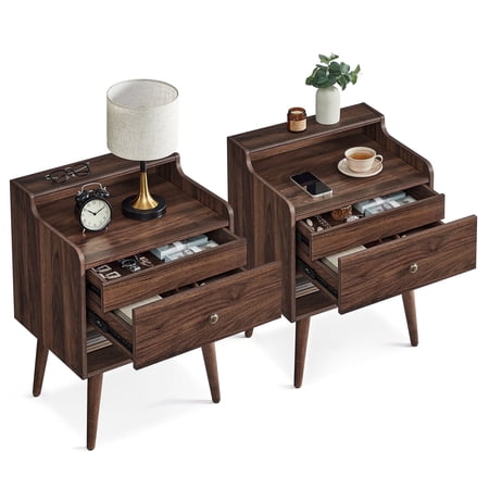 Nightstands Set of 2 Bedside Tables with Hidden Drawers Mid-Century End Tables with Solid Wood Legs Side Tables for Bedroom Natural Walnut