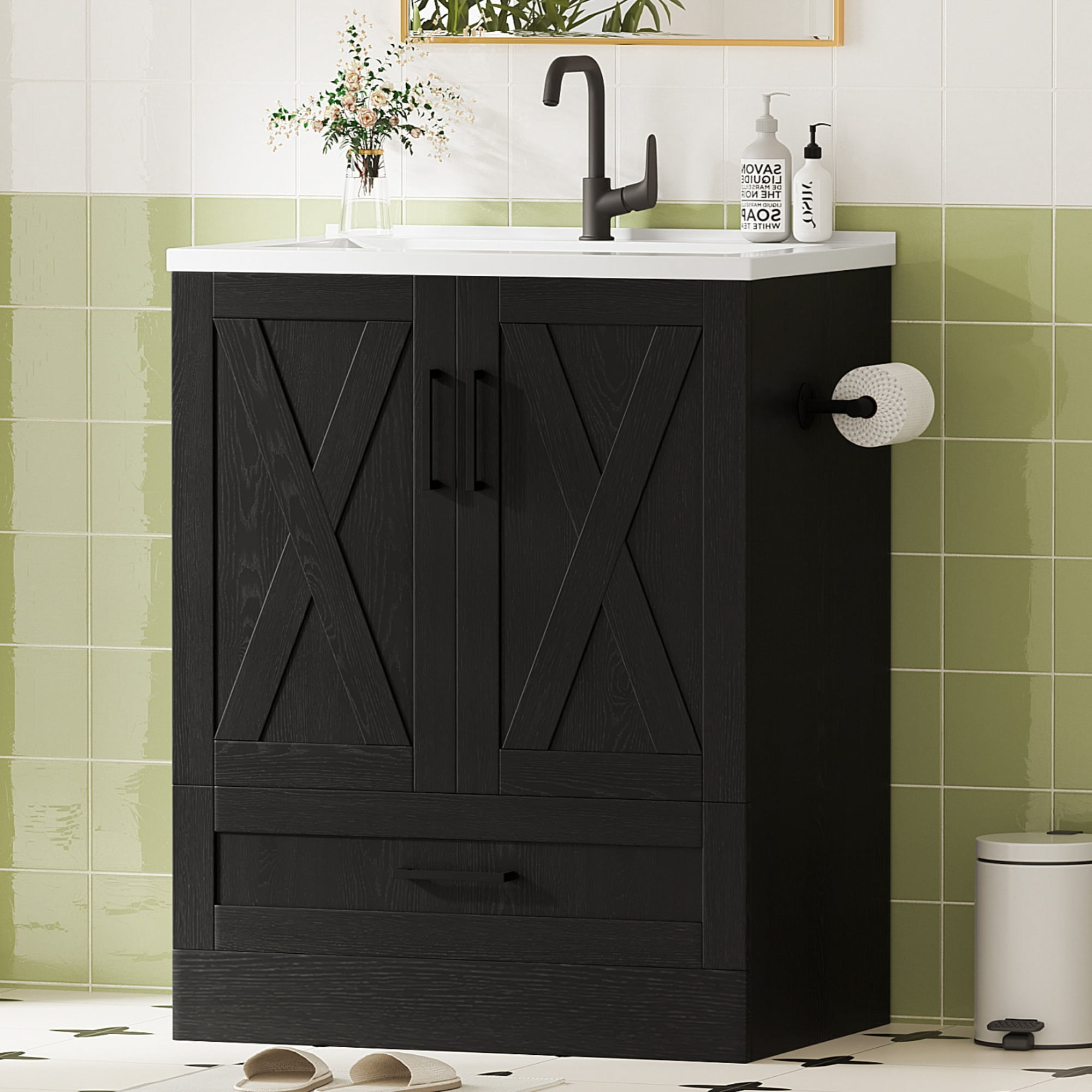 Lacoo 24" Bathroom Vanity with Sink Basin, Farmhouse Bathroom Storage Vanity Cabinet with 2 Doors & 1 Drawer, Freestanding Bathroom Cabinet with Washbasin, Black