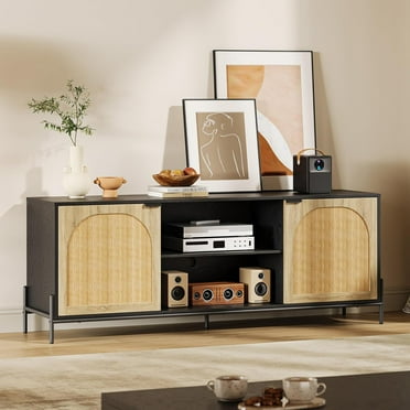 Black TV Stand for 75 Inch TV - Rattan Storage Entertainment Center with 2 Doors