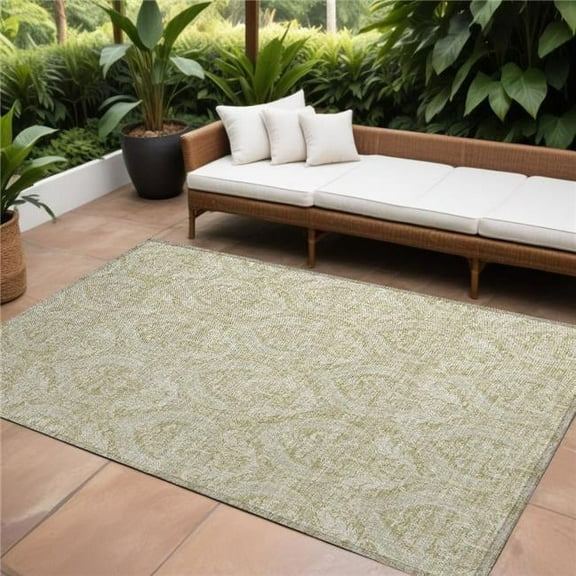 HomeRoots 563860 9 x 12 ft. Light Green Damask Washable Non Skid Indoor Outdoor Rectangle Machine Woven Area Rug