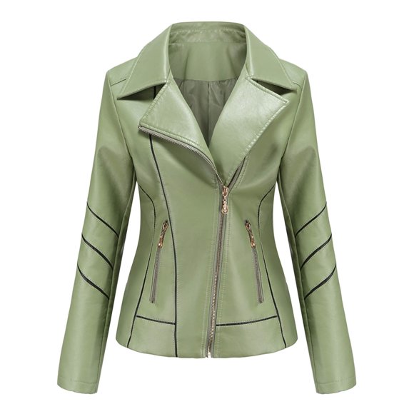 DondPO Women's Faux Leather Jacket Women's Slim Leather Stand-Up Collar Zipper Stitching Solid Color Jacket Motorcycle Jacket Women Leather Jacket Women Green M Clearance!