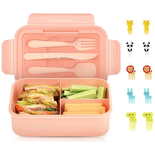 Loncheras para Niñas de kinder, Bento Box para Niños Adultos, Fiambrera Cajas Bento1400ml, Lunch Box con Cuchillo, Tenedor y Cuchara, Sin BPA, Apto para Microondas, Lavavajillas, Congelador(Rosa)