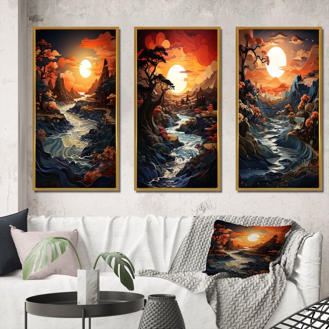 Designart "Moonlit Serenity Papercut Sunset II" Landscape & Nature Framed Wall Art Set Of 3 - Yellow Sunset Frame Gallery Wall Set For Home Decor