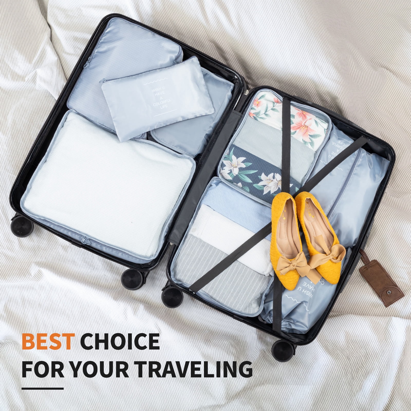 Zimtown 5-Piece Luggage Set with 8 Packing Cubes, Hard Shell Suitcase Set with Spinner Wheels Built-in TSA Lock, Orange