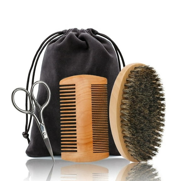 Hair Dough Beard Brush & Comb,Scissors Set for Men,Set Includes Soft Boar Bristle Brush,Bamboo Wide Tooth Comb,and Mustache Trimming Scissors,Straighten & Soften Your Beard
