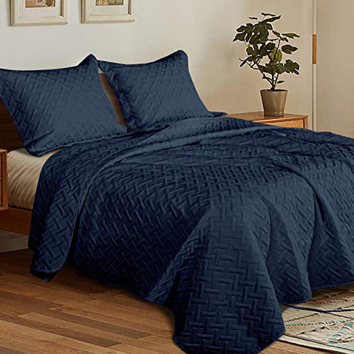 NTBAY Full/Queen - Basket Weave Pattern 3 Piece Microfiber Lightweight Bed Quilted Coverlet 90” x 96” 1 Quilt, 2 Pillow Shams Quilt Set Navy Bedspread