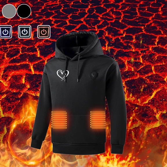 YOIAVAIOY Men's Heated Hoodie USB Powered Electric Hooded Sweatshirts Heart Graphic Stylish Pullover Heating Warm Hoodie Sweatshirt Black M