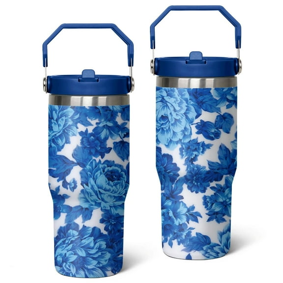 30oz Pioneer Stainless Steel Tumbler with Top Handle,Colorful Floral Travel Coffee Mug Flip Straw Cup,Gifts for Women Girls Men Adults（blue）