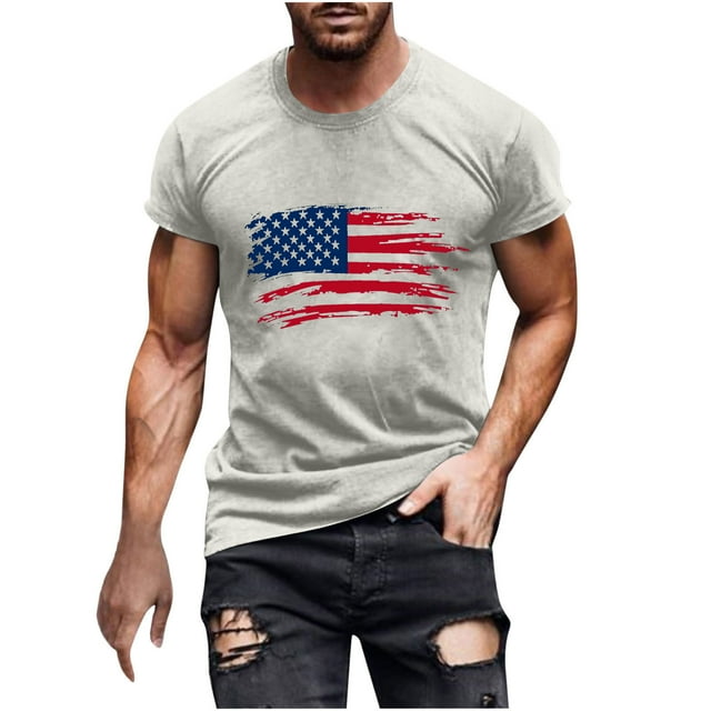 Mens Casual Manga Corta Botón Abajo Camisetas Estados Unidos Bandera Impresión Cuello Redondo Suéter Camiseta, Poliéster Casual Uso Diario para Hombres
