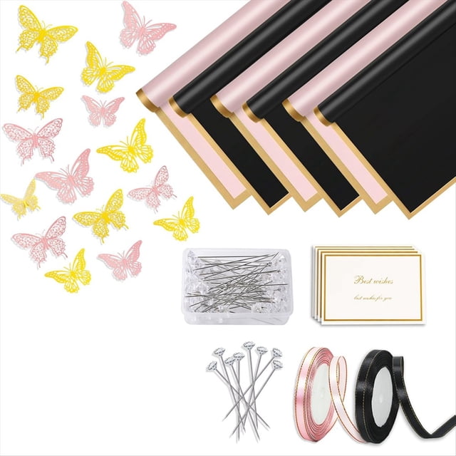 Juego de 200 hojas de papel de regalo para flores, 40 hojas de papel impermeable, ramo de flores negras y rosas.