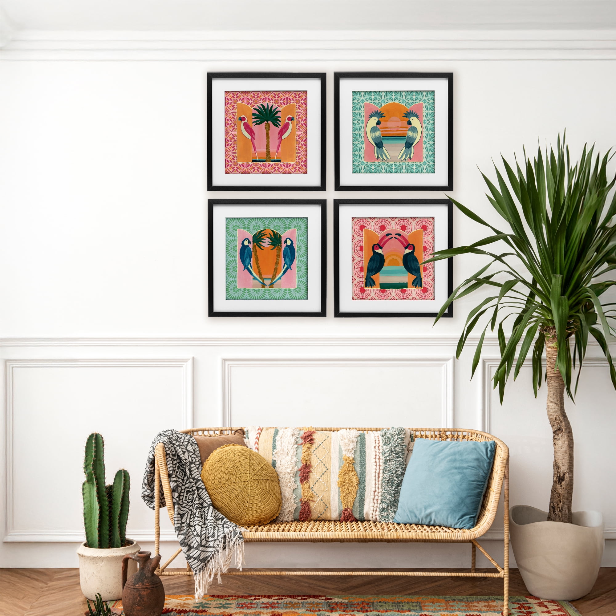 Stupell Industries Patterned Twin Bird Symmetry 4 Piece Black Framed Print Under Glass Set, design by Yvette St. Amant