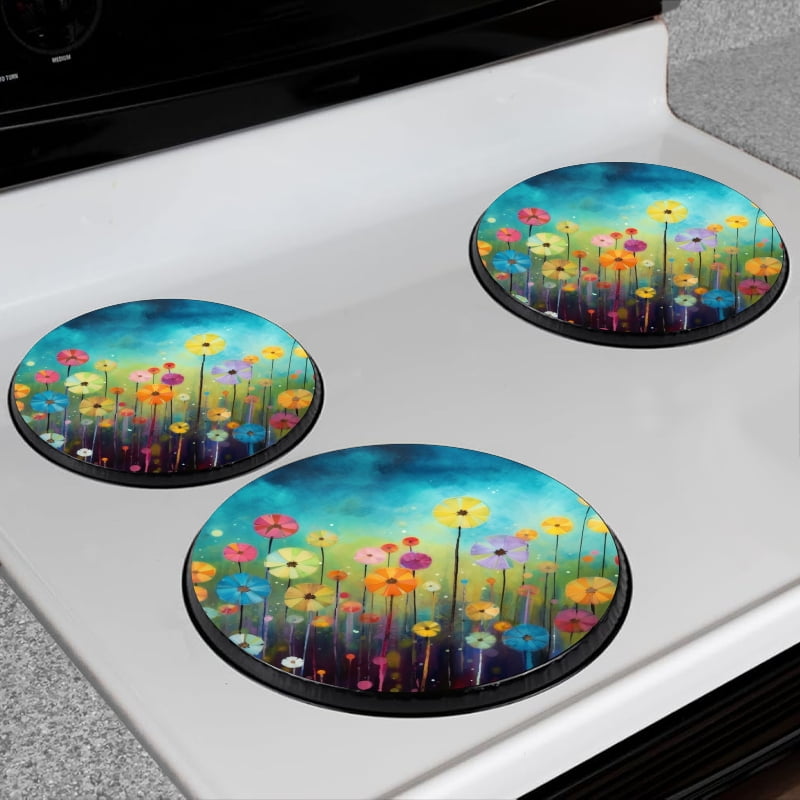 Bahomeck Electric Stove Burner Covers Set Of 4,Field Of Wildflowers Painted In Vibrant Colors Metal Gas Stove Burner Covers,Protecting Gas Stoves,8 Inch And 10 Inch