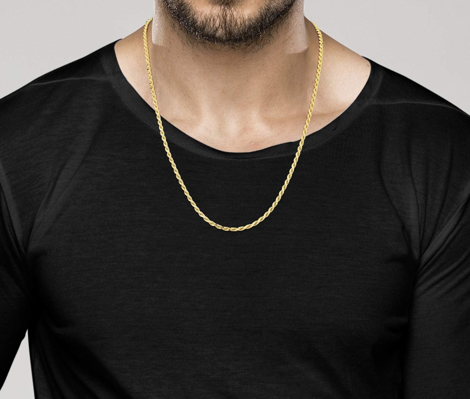 Miabella Solid 18K Gold Over Sterling Silver Italian 2mm, 3mm Diamond-Cut Braided Rope Chain Necklace for Men Women, 925 Sterling Silver Made in Italy (3mm, Length 24 Inches)