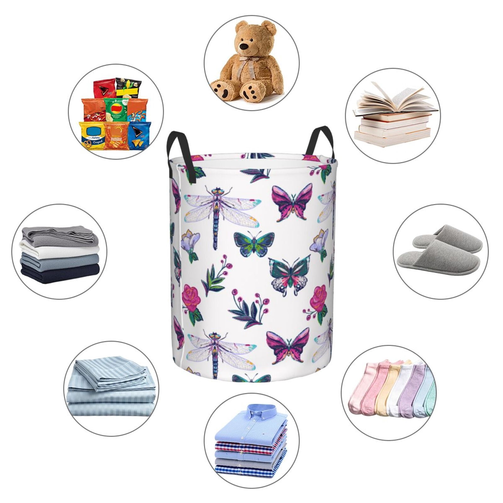Large Laundry Basket with Handles - Flower Dragonfly Butterfly Kids Baby Dirty Clothes Laundry Hamper for Bedroom Aesthetic