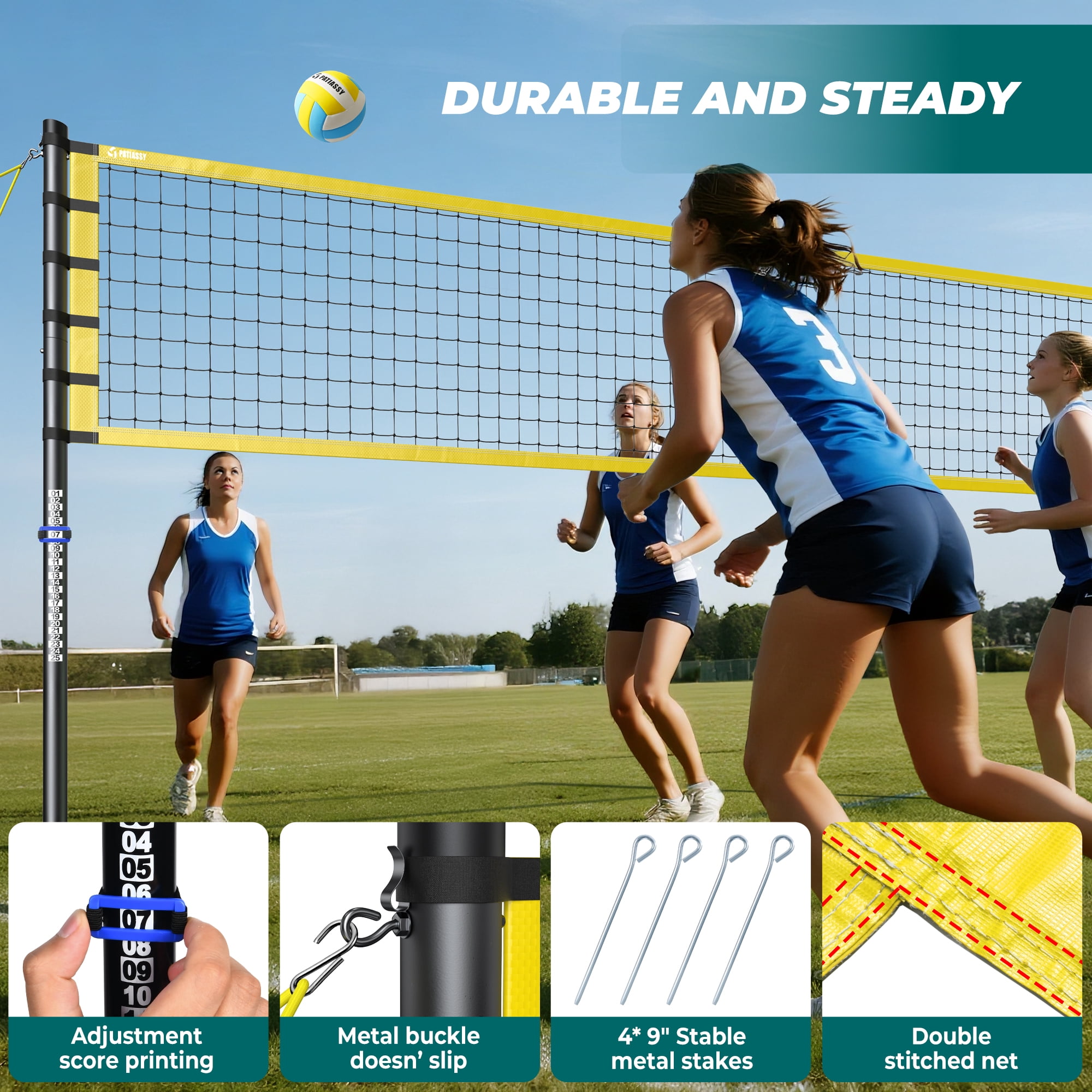 Patiassy 32ft Outdoor Portable Volleyball Net Set System - Adjustable Height Steel Poles, PU Volleyball with Pump and Carrying Bag for Beach Backyard