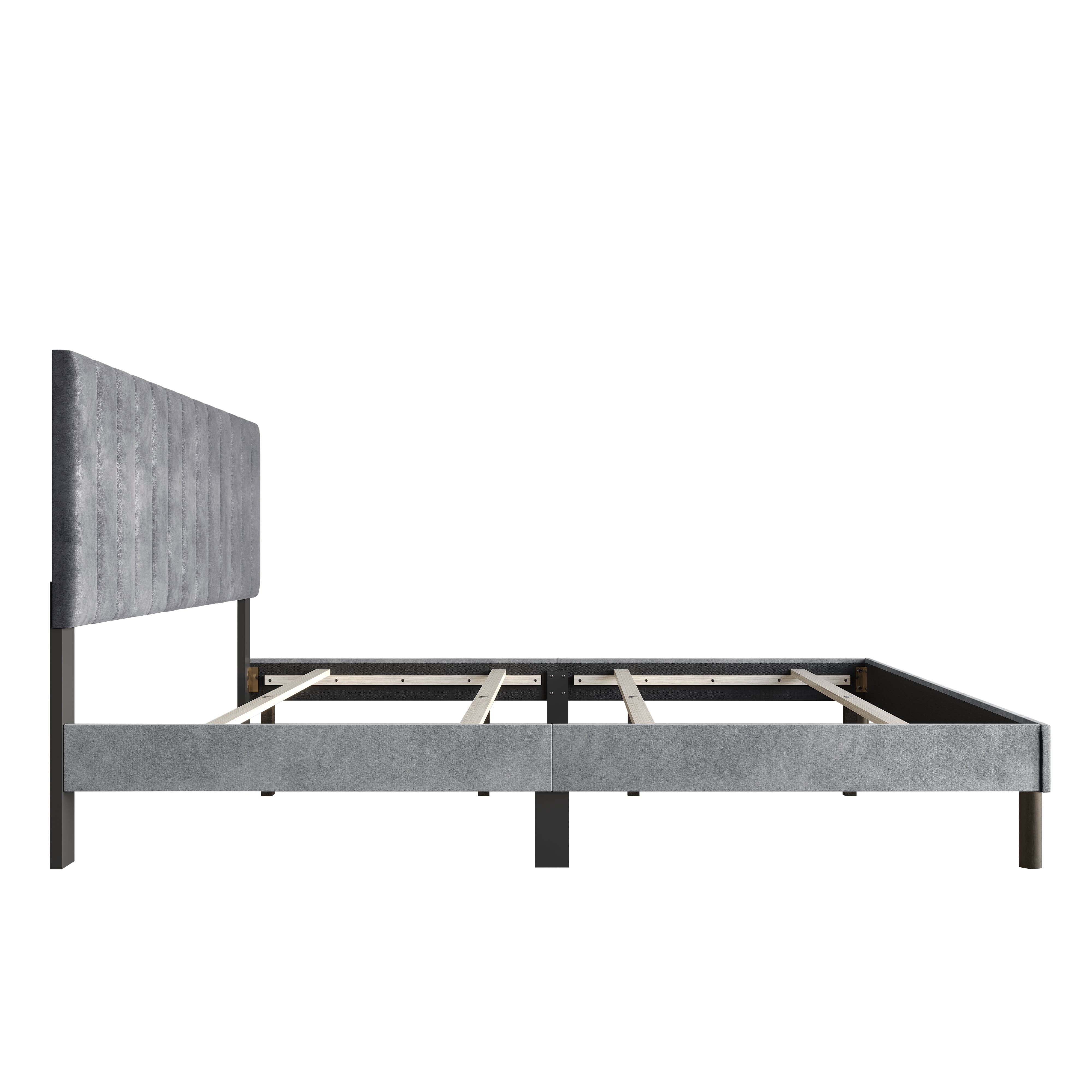 Home Design Sitka Twin Velvet Upholstered Platform Bed Frame with Channel-Tufted Headboard & Foam Padding, Silver Gray, Easy Assembly