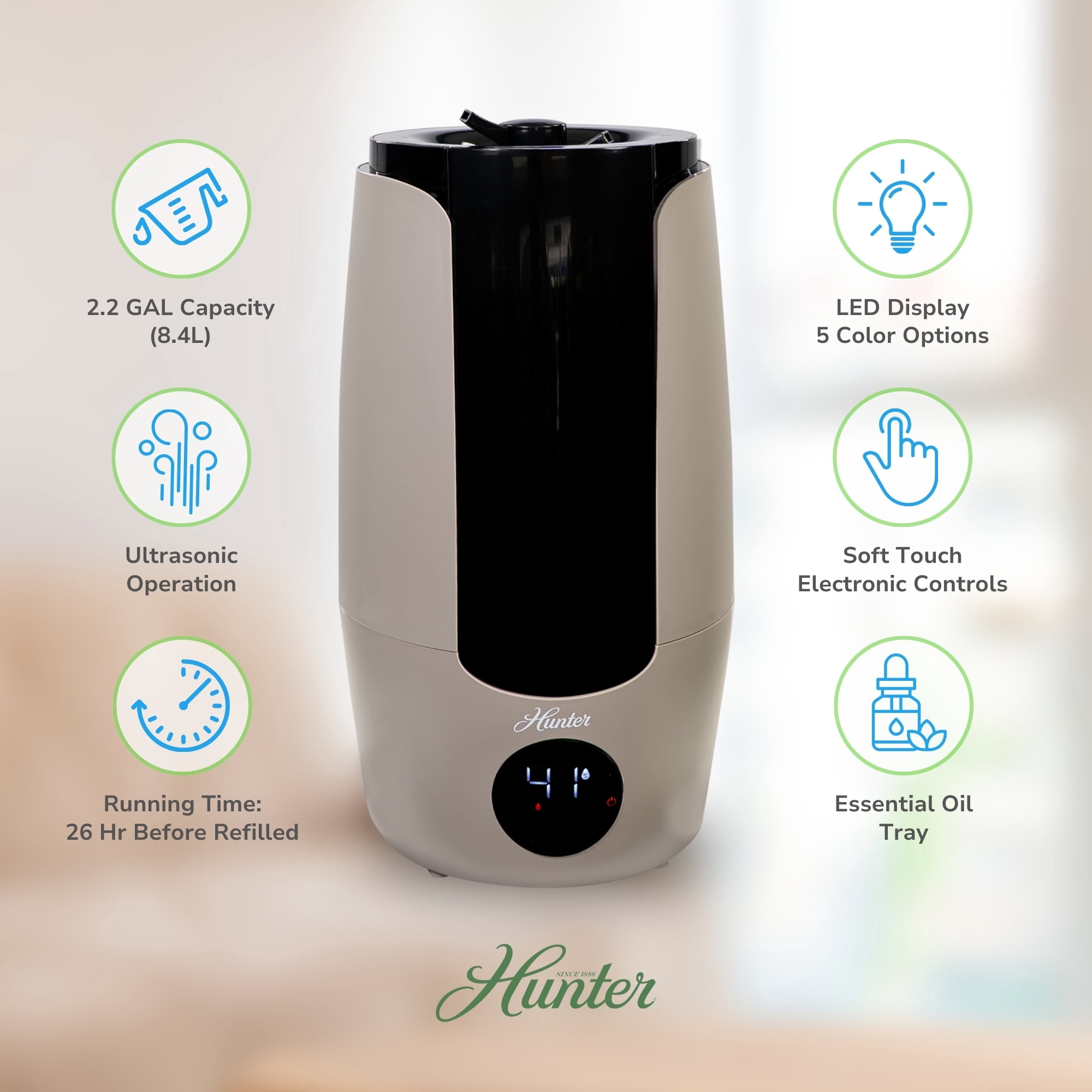 Hunter HHU400 Ultrasonic Humidifier - Vibration Technology Air Humidifier w/ Long Lasting Mist for Large Spaces - Hunter Humidifiers for Bedroom - Extension Wand & 360 Degree Nozzle, 2.19 Gal. Taupe