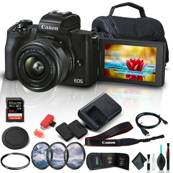Canon EOS M50 Mark II Mirrorless Digital Camera with 15-45mm Lens with Battery and More Bundle(International Model)